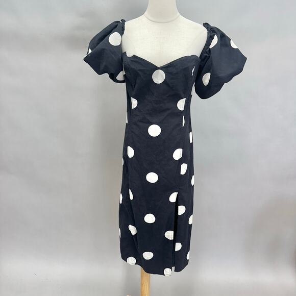 H&M Black Polka Dot Midi Dress Puff Sleeve Sweetheart Neckline Size XL - Picture 2 of 16